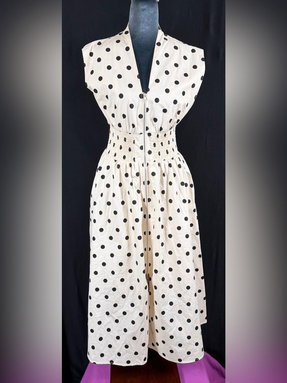 Lee Tracy Midi Dress Black Polka Dots Smocked Waist Zip-up Front extended cap